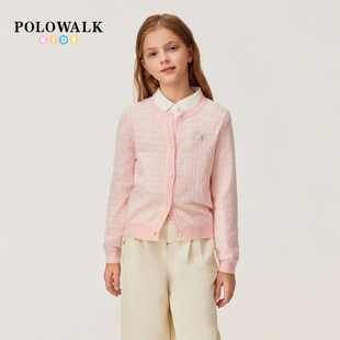 POLOWALK女童针织衫2026春季新品小清新学院风提花圆领针织开衫