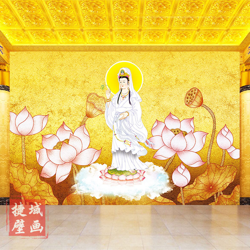 金色荷花观音菩萨壁画佛缘禅墙贴背景墙纸心经佛堂寺庙背景壁纸布