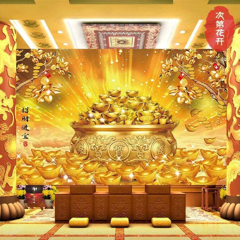 财源广进发财树电视背景墙纸招财进宝金色壁纸客厅沙发玄关壁画布
