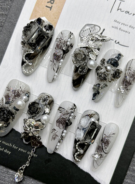 黑色流苏手工穿戴美甲夏日新款高级感重工欧美风小众显白短中长梯