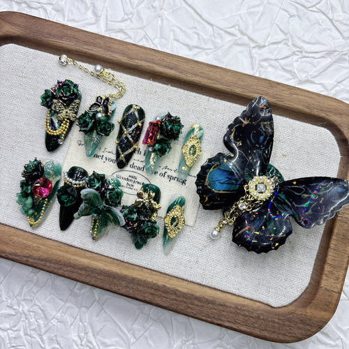 祖母绿色魅影11指大蝴蝶轻奢重工高级感手工穿戴甲高货美甲中长款