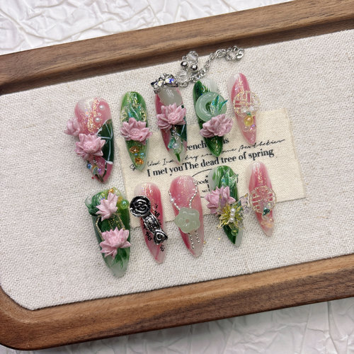 粉色流苏新中式春天荷花纯手工穿戴甲高级显白美甲2025新年中长款