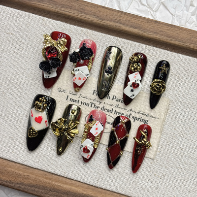 暗红扑克牌手工显白中长穿戴甲