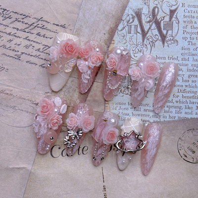 日系樱花粉色雕花手工穿戴甲高级感重工雕刻2025年新款短中长款式