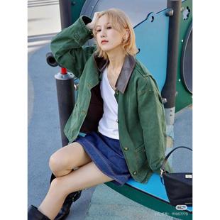 法单家 2025秋季新款法式绿色皮领做旧工装风翻领棉服外套棉衣女