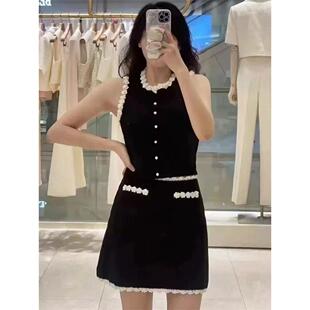 法单S家 25春法式小香风减龄珍珠花朵装饰钩花针织衫背心+半裙