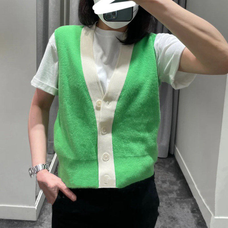 法单S家2024秋冬法式设计果绿色显白百搭撞色针织开衫背心马甲,女装/女士精品,马夹,淘宝优惠券,粉丝福利购,淘宝优惠卷