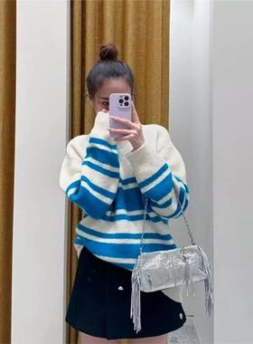法单M家 25秋冬拼色宽条纹宽松圆领毛衣套头针织衫MFPPU00966