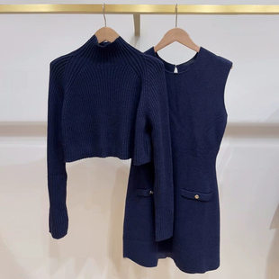 法单M家 24秋季小高领短款背心裙后开叉毛衣针织连衣裙两件套女