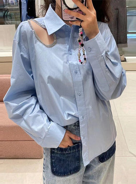 法单S家 24秋季新款休闲水滴镶钻浅蓝色棉质宽松通勤衬衣女上衣