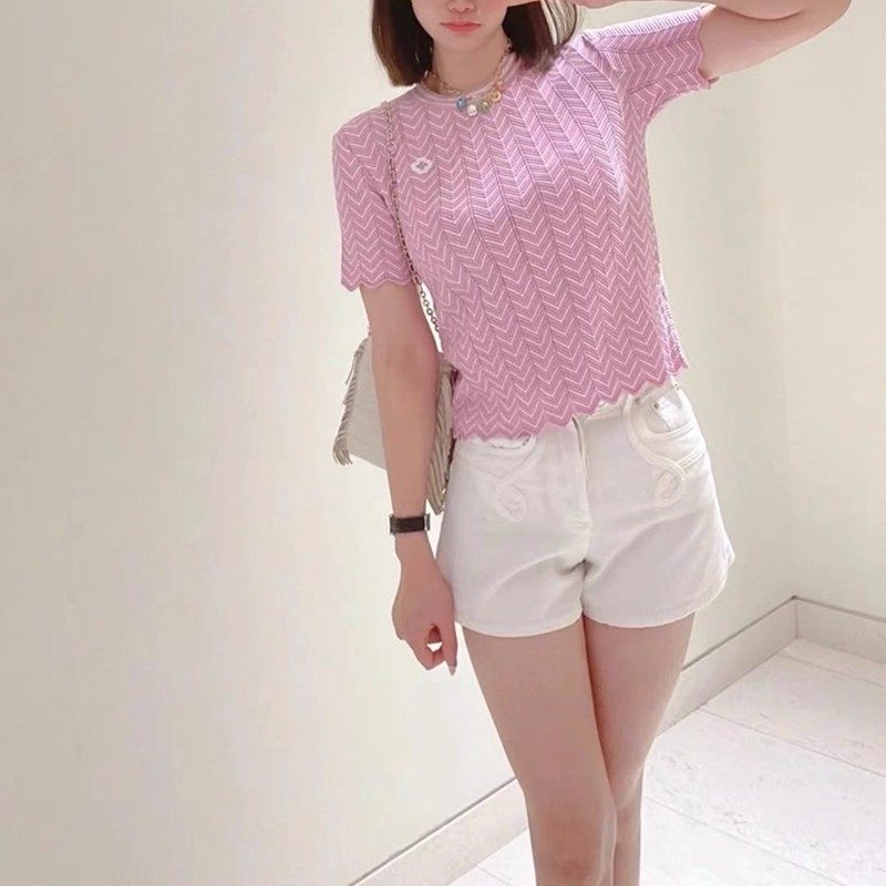 法单M家 25春夏法式温柔粉色条纹时尚镂空修身洋气针织衫上衣T恤,女装/女士精品,毛针织衫,淘宝优惠券,粉丝福利购,淘宝优惠卷