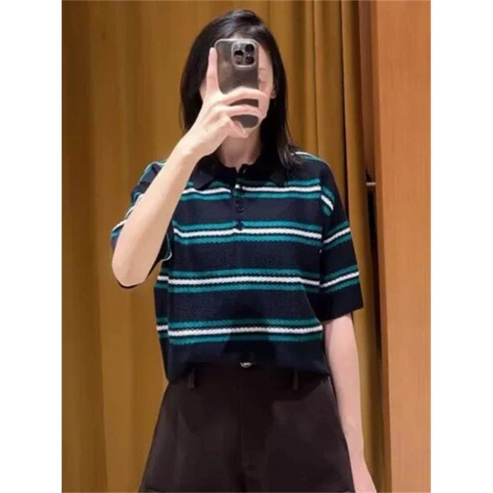 法单家 2025早秋新款简约polo领针织衫宽松条纹短袖T恤上衣女,女装/女士精品,POLO衫,淘宝优惠券,粉丝福利购,淘宝优惠卷