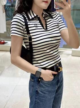 法单S家 夏法式经典条纹水钻饰边翻领短袖套头螺纹针织T恤上衣