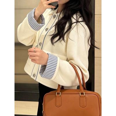 法单S家 2026早春新款袖口撞色小香风短外套毛针织开衫女宽松