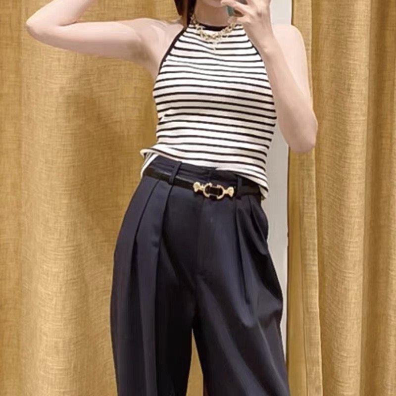 法单M家 2024春夏法式时尚百搭黑白条纹无袖挂脖针织衫吊带上衣,女装/女士精品,背心吊带,淘宝优惠券,粉丝福利购,淘宝优惠卷