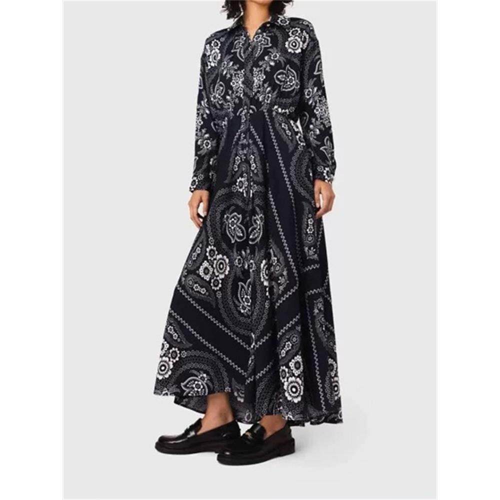 法单S家 25早秋装女长袖深蓝色法式复古碎花百褶衬衫领连衣裙长裙