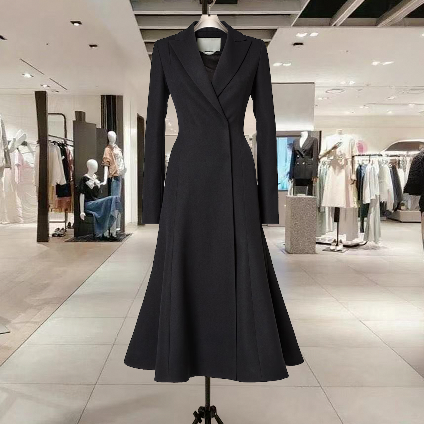 高级设计感黑色裙摆毛呢外套女