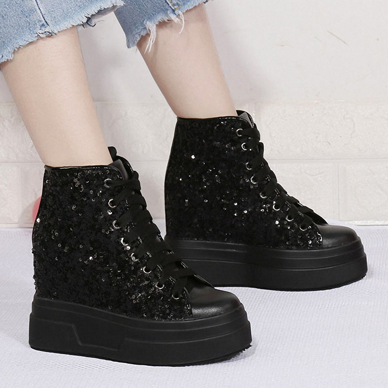 断码真皮亮片高帮鞋女款2025内增高10cm厚底小个子显高运动休闲鞋