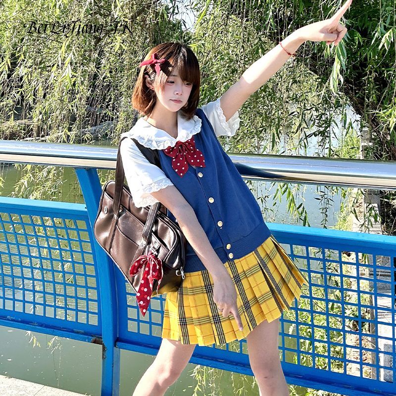 【白雪公主穿搭】日系学院风针织背心套装搭配格子裙显瘦甜美可爱图片