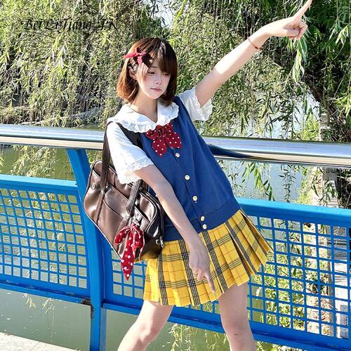 【白雪公主穿搭】日系学院风针织背心套装搭配格子裙显瘦甜美可爱