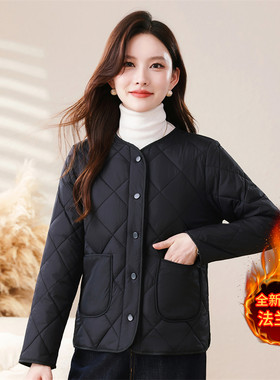 纯色方格加厚保暖开衫棉服女款