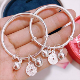 香港正生铃铛铜钱男女宝宝纯银手镯健康快乐出入平安送婴抖音同款