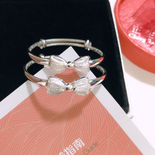 正品香港正生纯银磨砂蝴蝶结宝宝手镯足银999女送新生儿满月生日