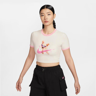 耐克短袖针织衫女短款高腰半截袖休闲T恤粉色小狗印花 HM4621-133