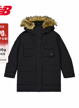 NEW BALANCE 羽绒服女款中长款防寒保暖毛领连帽外套 NPD44152-BK