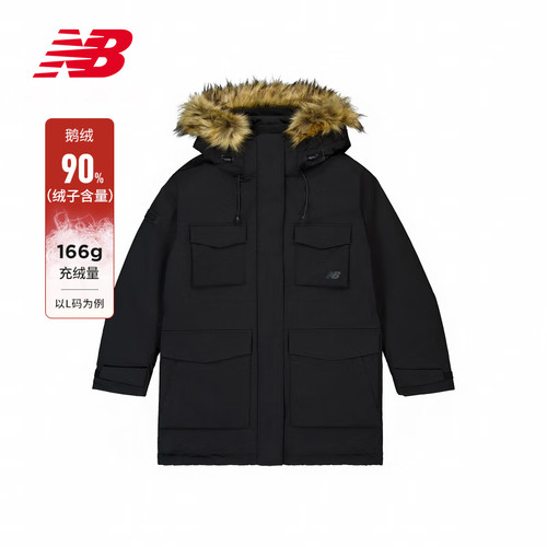NEW BALANCE 羽绒服女款中长款防寒保暖毛领连帽外套 NPD44152-BK