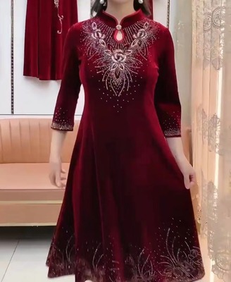 喜婆婆阔太太妈妈装婚庆宴会金丝绒旗袍连衣裙秋冬款洋气减龄
