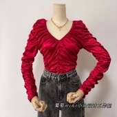 上衣 修身 美单性感辣妹女神款 高级纯色光泽感绸面褶皱收腰v领长袖