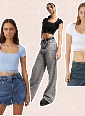 葡萄miki 夏季美单经典百搭甜美辣妹蕾丝下摆短袖方领短T恤