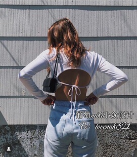 hot 加拿大garage人气炒鸡辣妹性感酷感露背长袖纯色圆领修身上衣