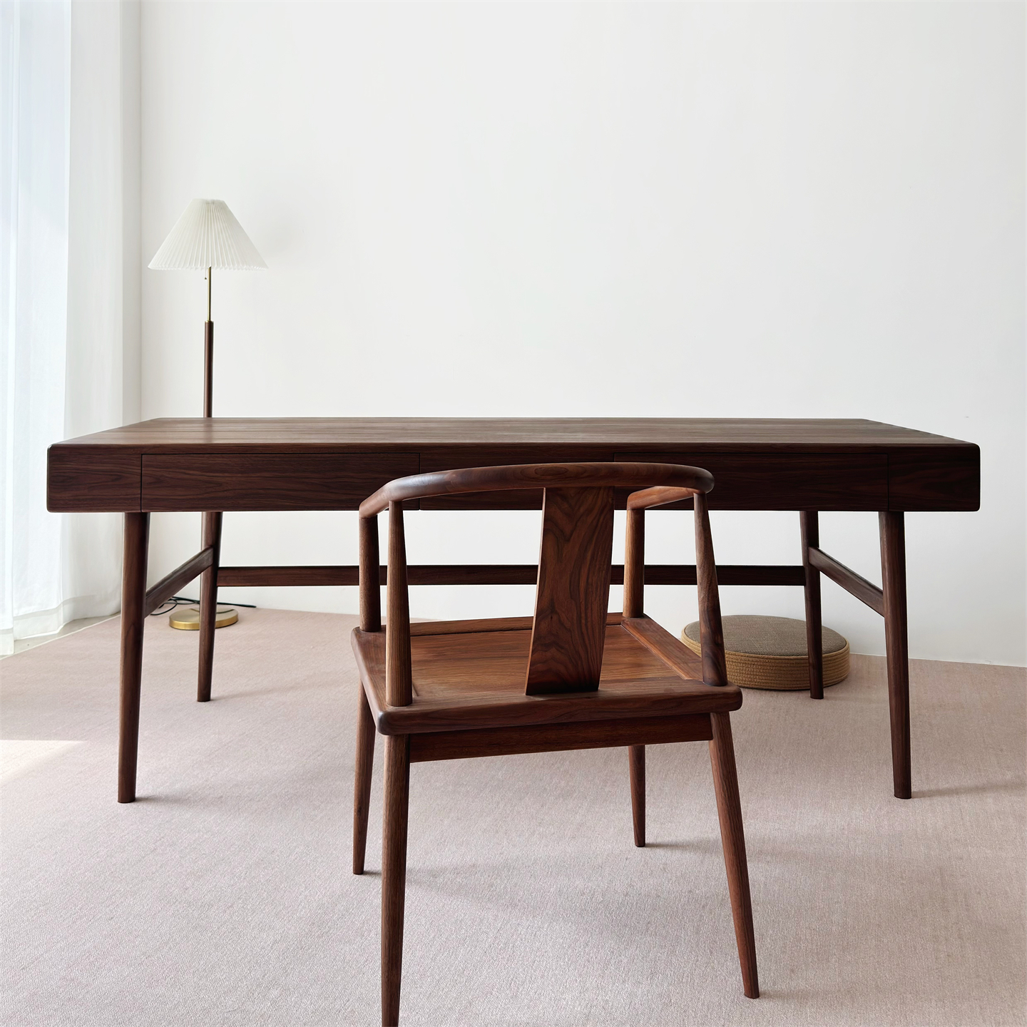 秋山匠人黑胡桃木双人书桌书画案