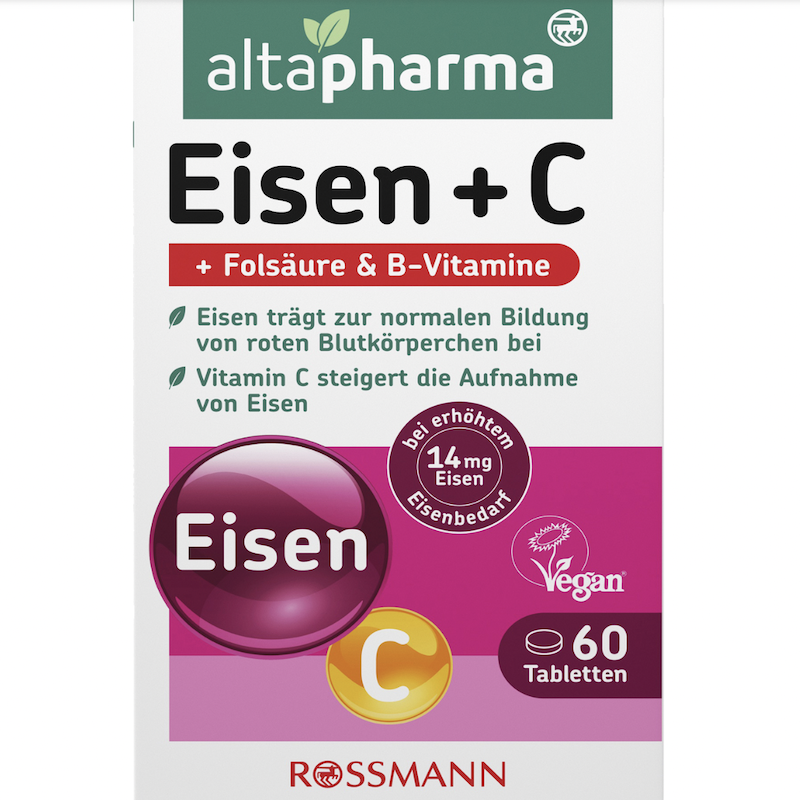 德国直邮altapharma Eisen+C准妈哺乳期补铁片 维生素叶酸60片