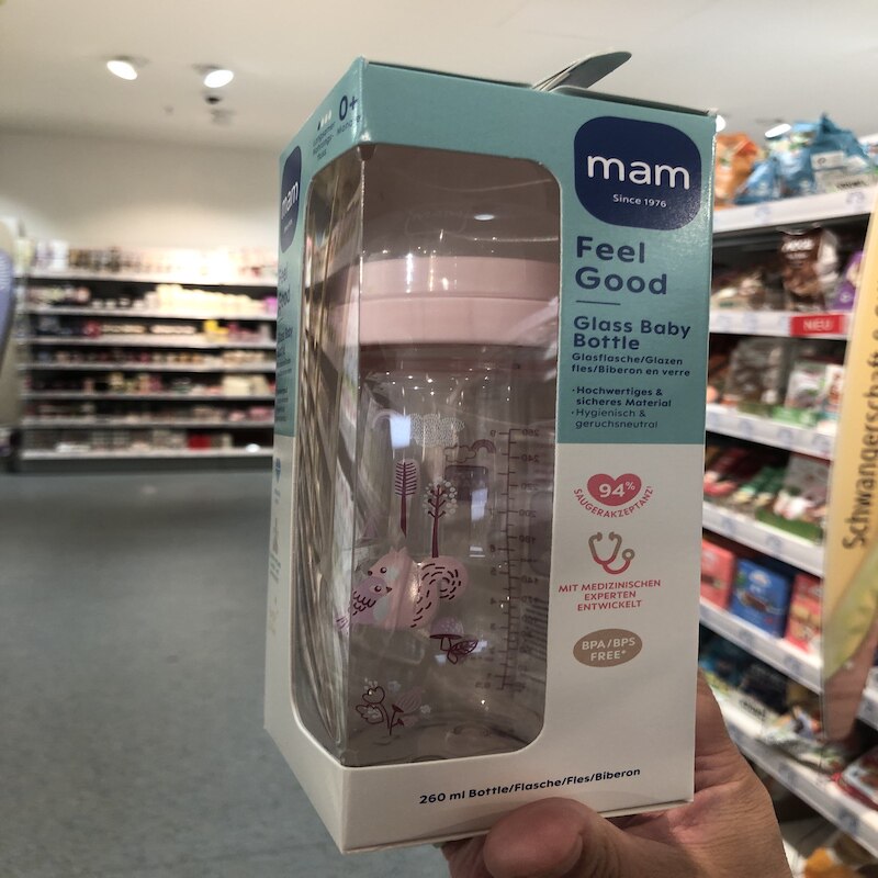 德国直邮 MAM婴儿耐高温玻璃奶瓶 扁头母乳奶嘴宽口径防漏 170ml