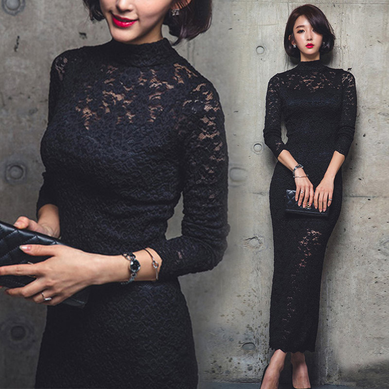 新款修身风立领高腰后开叉一步裙