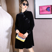 胖MM大码 金丝绒旗袍连衣裙年轻款 中式 遮肉盘扣加绒冬洋气黑色裙子