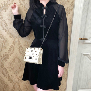 改良旗袍连衣裙大码胖mm高腰线洋气遮肉大裙摆丝绒灯笼袖A字裙子