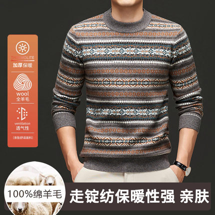 2024秋冬季新款走锭纺9针男士100%羊毛衫加厚圆领嵌花套头针织衫