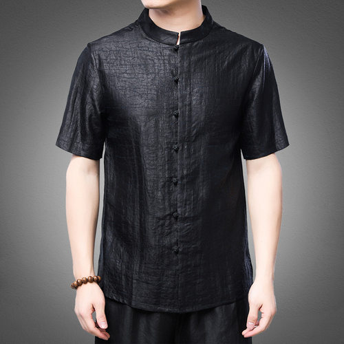 【香云纱】夏季龟裂纹唐装中老年短袖中式衬衣桑蚕丝国风男士衬衫