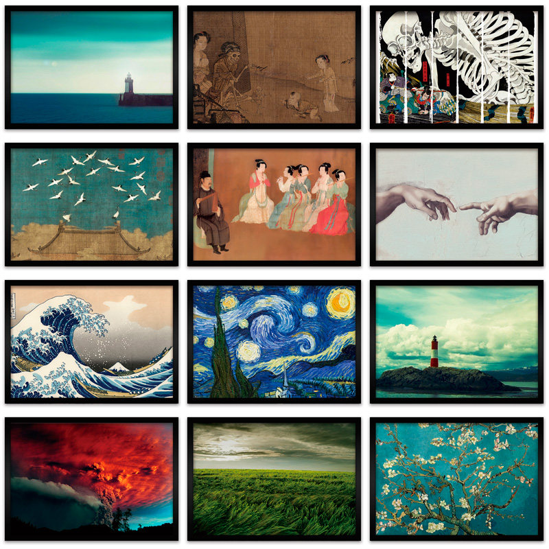 实木框装饰画海报梵高浮世绘名画复古经典客厅挂画工业风呐喊冲浪