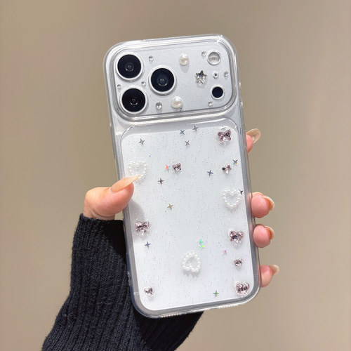 秒变粉蝴蝶苹果iPhone手机壳闪粉星星爱心珍珠装饰防摔保护套适用于苹果17 16 15 14 13手机