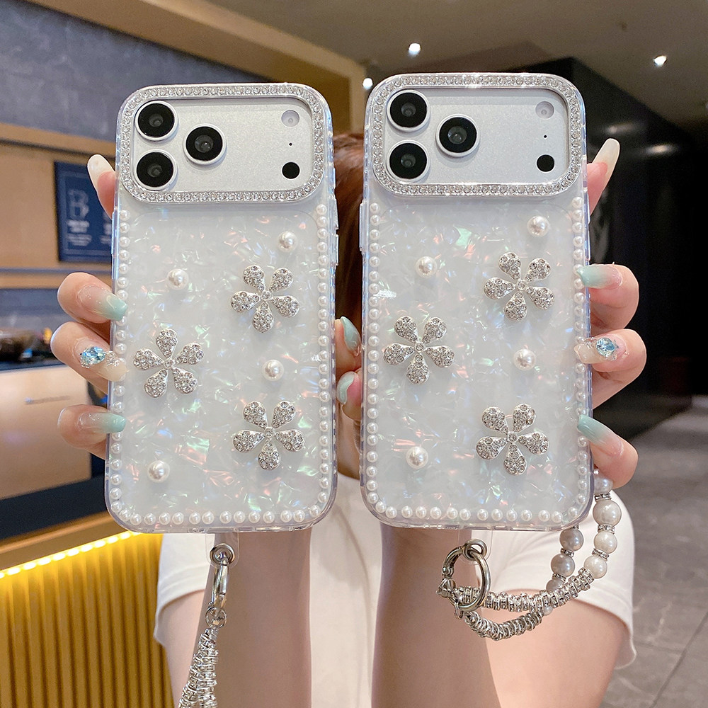苹果iPhone透明贝壳纹手机壳珍珠钻石花朵挂绳保护套