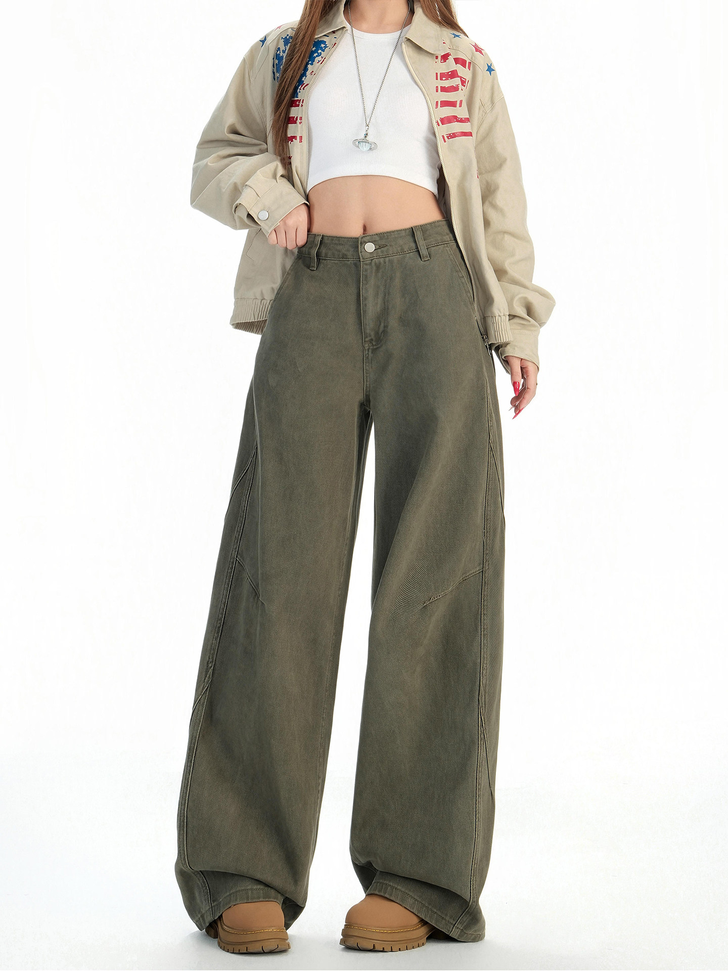 American-Style Military Green Wide-Leg Jeans for Women, New Autumn Model, Pear-Shaped Body, High-Waisted, Loose, Slimming, Straight-Leg Pants