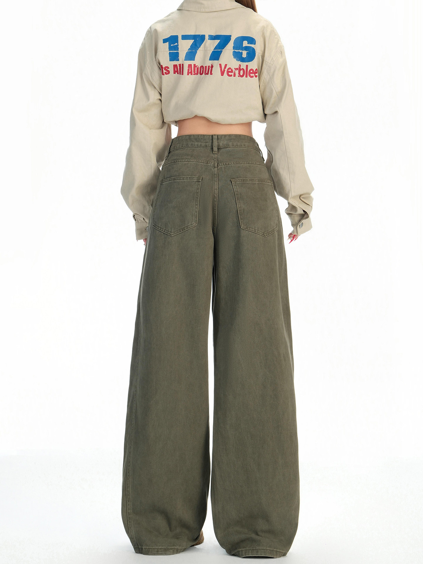 American-Style Military Green Wide-Leg Jeans for Women, New Autumn Model, Pear-Shaped Body, High-Waisted, Loose, Slimming, Straight-Leg Pants