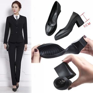 久站不累脚软底静音高跟鞋女粗跟一体跟公务员公考教师面试软皮鞋
