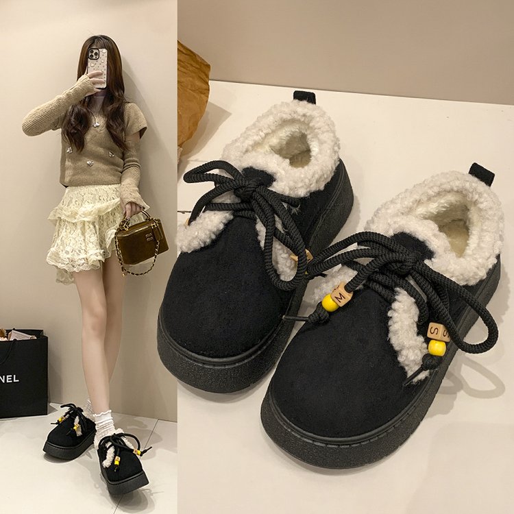 2025秋季新款橡胶绒面革人造短毛绒深口松糕底圆头系带黄棕色