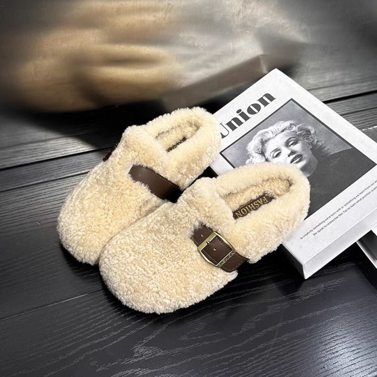 方叔厚底增高毛毛鞋女外穿2025新款秋冬加绒豆豆穆勒拖鞋保暖棉鞋